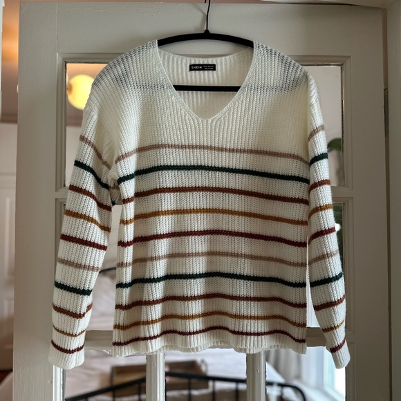 SHEIN Sweaters - SHEIN White V-Neck Sweater with Multicolor Stripes